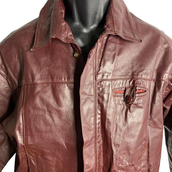 Vintage 70s 80s Leather Bomber Jacket L Maroon Red Zip Snap Elastic Waist - Picture 2 of 7